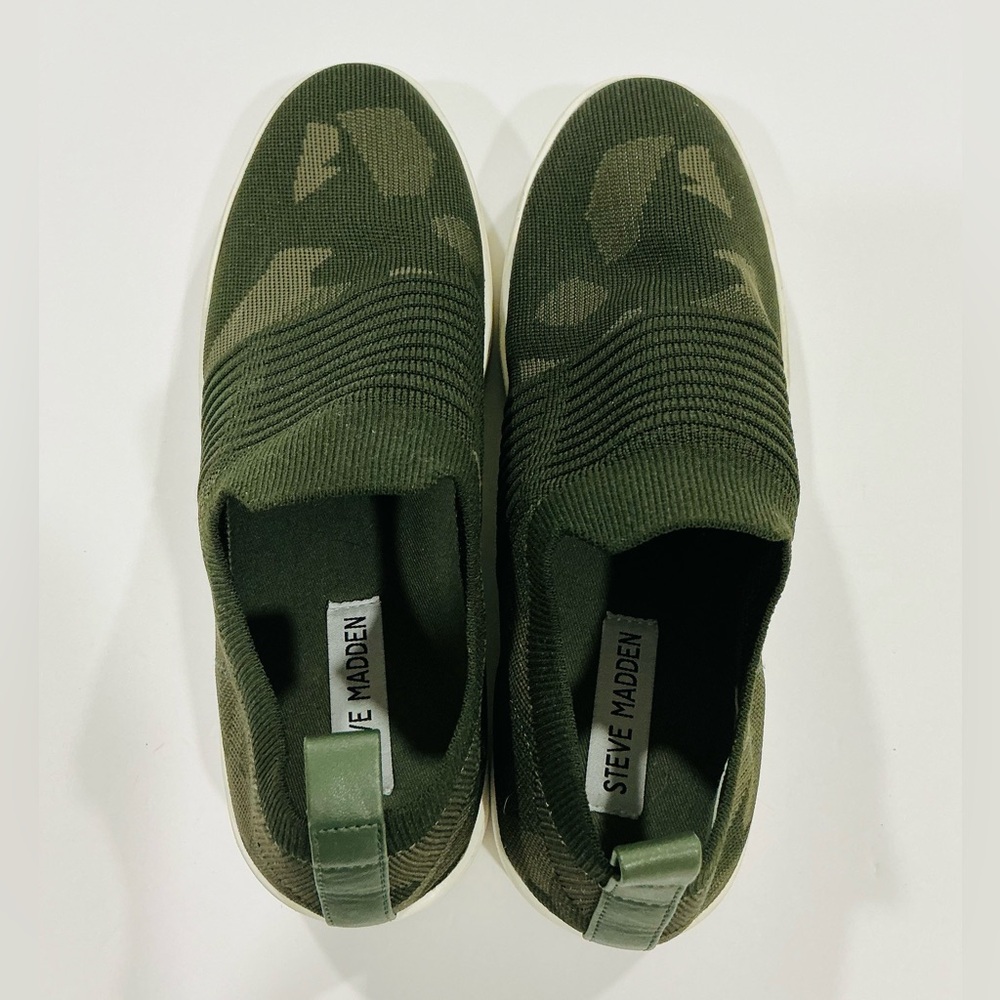 Steve Madden Beale Camo Olive Knit Slip-Ons